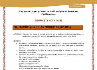 14-Actividad Sugerida LC03-U02-OA11-Elaboran una pauta de comportamiento que se debe demostrar para participar en actividades ceremoniales como la phawa (diálogo con la madre naturaleza). 14-Actividad Sugerida LC03-U02-OA11-Elaboran una pauta de comportamiento que se debe demostrar para participar en actividades ceremoniales como la phawa (diálogo con la madre naturaleza).