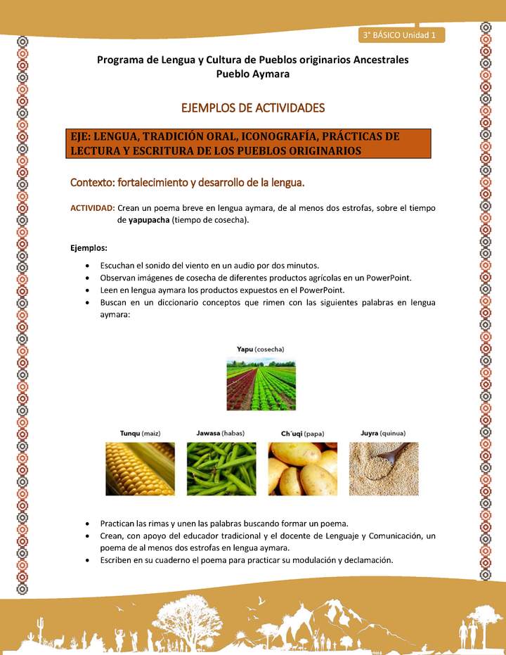 09-Actividad Sugerida LC03-U02-LF02-Crean un poema breve en lengua aymara, de al menos dos estrofas, sobre el tiempo de yapupacha (tiempo de cosecha). 09-Actividad Sugerida LC03-U02-LF02-Crean un poema breve en lengua aymara, de al menos dos estrofas, sobre el tiempo de yapupacha (tiempo de cosecha).