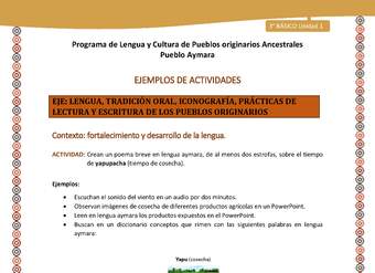 09-Actividad Sugerida LC03-U02-LF02-Crean un poema breve en lengua aymara, de al menos dos estrofas, sobre el tiempo de yapupacha (tiempo de cosecha). 09-Actividad Sugerida LC03-U02-LF02-Crean un poema breve en lengua aymara, de al menos dos estrofas, sobre el tiempo de yapupacha (tiempo de cosecha).