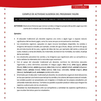 Dramatizan historias que recrean sonidos e imágenes propias del pueblo yagán que den cuenta de la relación con la naturaleza y los otros Dramatizan historias que recrean sonidos e imágenes propias del pueblo yagán que den cuenta de la relación con la naturaleza y los otros