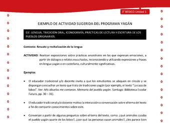 Realizan exposiciones sobre prácticas ancestrales en las que expresan emociones, a partir de diálogos o relatos escuchados, reconociendo y utilizando expresiones y frases en lengua yagán o en castellano, culturalmente significativas Realizan exposiciones sobre prácticas ancestrales en las que expresan emociones, a partir de diálogos o relatos escuchados, reconociendo y utilizando expresiones y frases en lengua yagán o en castellano, culturalmente significativas