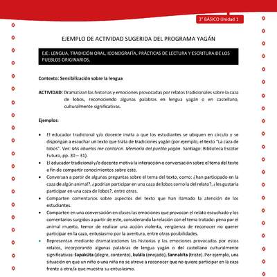 Dramatizan las historias y emociones provocadas por relatos tradicionales sobre la caza de lobos, reconociendo algunas palabras en lengua yagán o en castellano, culturalmente significativas Dramatizan las historias y emociones provocadas por relatos tradicionales sobre la caza de lobos, reconociendo algunas palabras en lengua yagán o en castellano, culturalmente significativas