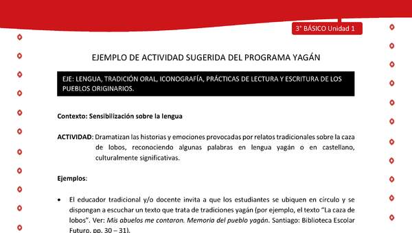 Dramatizan las historias y emociones provocadas por relatos tradicionales sobre la caza de lobos, reconociendo algunas palabras en lengua yagán o en castellano, culturalmente significativas Dramatizan las historias y emociones provocadas por relatos tradicionales sobre la caza de lobos, reconociendo algunas palabras en lengua yagán o en castellano, culturalmente significativas