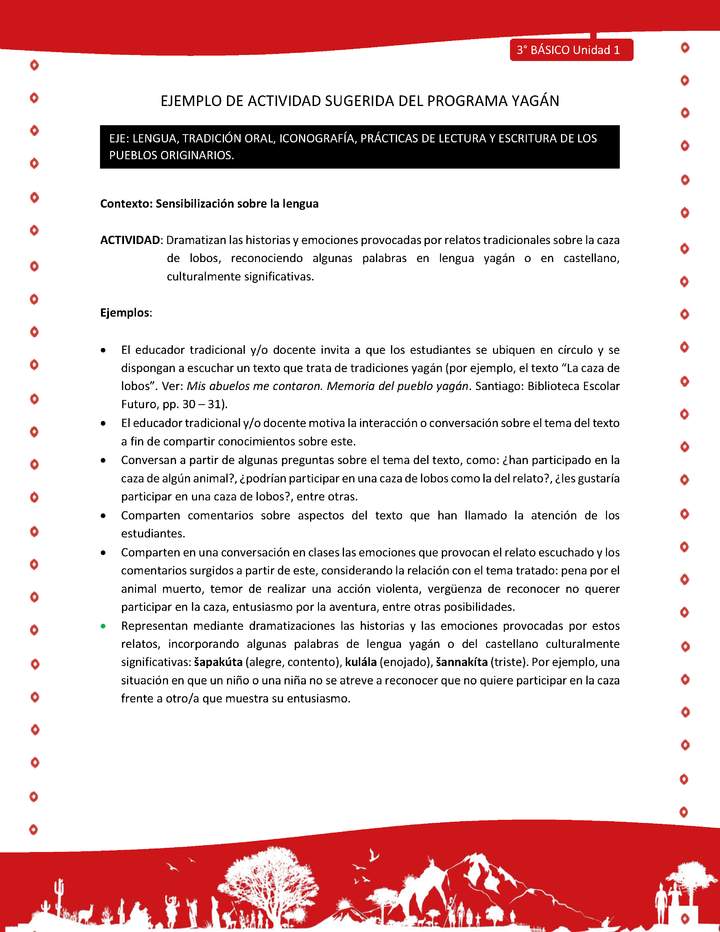 Dramatizan las historias y emociones provocadas por relatos tradicionales sobre la caza de lobos, reconociendo algunas palabras en lengua yagán o en castellano, culturalmente significativas Dramatizan las historias y emociones provocadas por relatos tradicionales sobre la caza de lobos, reconociendo algunas palabras en lengua yagán o en castellano, culturalmente significativas