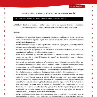Escriben y exponen relatos breves acerca de eventos, hechos y situaciones comunitarias o territoriales que forman parte de la historia del pueblo yagán Escriben y exponen relatos breves acerca de eventos, hechos y situaciones comunitarias o territoriales que forman parte de la historia del pueblo yagán
