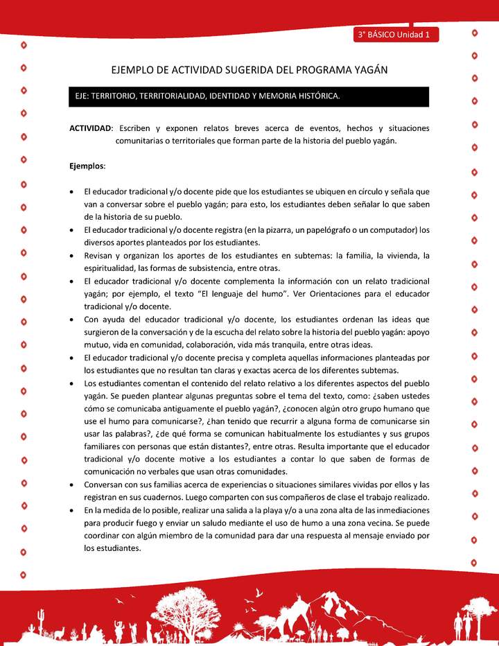 Escriben y exponen relatos breves acerca de eventos, hechos y situaciones comunitarias o territoriales que forman parte de la historia del pueblo yagán Escriben y exponen relatos breves acerca de eventos, hechos y situaciones comunitarias o territoriales que forman parte de la historia del pueblo yagán