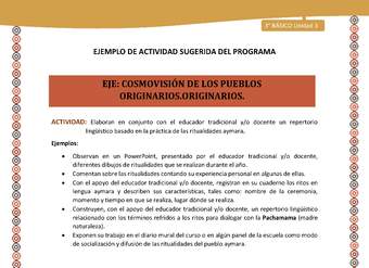 14-Actividad Sugerida LC03-U03-OA10-Elaboran en conjunto con el educador tradicional y/o docente un repertorio lingüístico basado en la práctica de las ritualidades aymara. 14-Actividad Sugerida LC03-U03-OA10-Elaboran en conjunto con el educador tradicional y/o docente un repertorio lingüístico basado en la práctica de las ritualidades aymara.