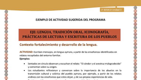 09-Actividad Sugerida LC03-U03-LF03;LF05-Escriben mensajes, en lengua aymara, a partir de las enseñanzas identificadas en relatos recopilados del entorno familiar. 09-Actividad Sugerida LC03-U03-LF03;LF05-Escriben mensajes, en lengua aymara, a partir de las enseñanzas identificadas en relatos recopilados del entorno familiar.