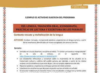 06-Actividad Sugerida LC03-U03-LR03;LR05-Escriben mensajes, incorporando palabras y expresiones en lengua aymara, a partir de las enseñanzas identificadas en relatos recopilados del entorno familiar. 06-Actividad Sugerida LC03-U03-LR03;LR05-Escriben mensajes, incorporando palabras y expresiones en lengua aymara, a partir de las enseñanzas identificadas en relatos recopilados del entorno familiar.