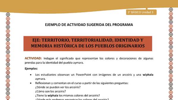 11-Actividad Sugerida LC03-U03-OA08-Indagan el significado que representan los colores y decoraciones de algunas prendas para la identidad del pueblo aymara. 11-Actividad Sugerida LC03-U03-OA08-Indagan el significado que representan los colores y decoraciones de algunas prendas para la identidad del pueblo aymara.