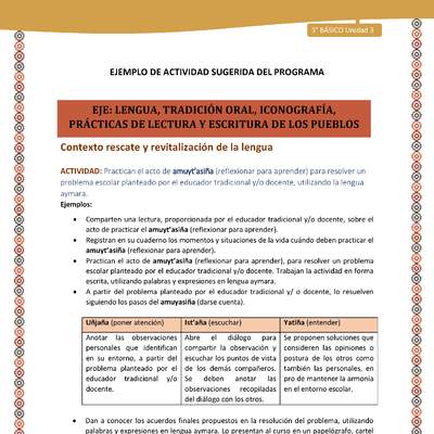 05-Actividad Sugerida LC03-U03-LR03:LS05-Practican el acto de amuyt’asiña (reflexionar para aprender) para resolver un problema escolar planteado por el educador tradicional y/o docente, utilizando la lengua aymara. 05-Actividad Sugerida LC03-U03-LR03:LS05-Practican el acto de amuyt’asiña (reflexionar para aprender) para resolver un problema escolar planteado por el educador tradicional y/o docente, utilizando la lengua aymara.
