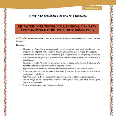 16-Actividad Sugerida LC03-U03-OA15-Reflexionan sobre la vida en el altiplano y comparten el phiri (plato típico) con kisu (queso). 16-Actividad Sugerida LC03-U03-OA15-Reflexionan sobre la vida en el altiplano y comparten el phiri (plato típico) con kisu (queso).