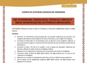 16-Actividad Sugerida LC03-U03-OA15-Reflexionan sobre la vida en el altiplano y comparten el phiri (plato típico) con kisu (queso). 16-Actividad Sugerida LC03-U03-OA15-Reflexionan sobre la vida en el altiplano y comparten el phiri (plato típico) con kisu (queso).