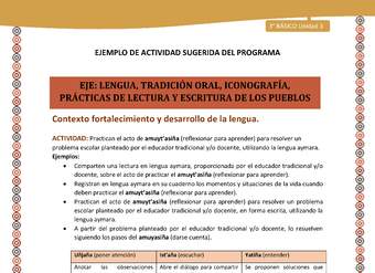 08-Actividad Sugerida LC03-U03-LF03;LF05-Practican el acto de amuyt’asiña (reflexionar para aprender) para resolver un problema escolar planteado por el educador tradicional y/o docente, utilizando la lengua aymara. 08-Actividad Sugerida LC03-U03-LF03;LF05-Practican el acto de amuyt’asiña (reflexionar para aprender) para resolver un problema escolar planteado por el educador tradicional y/o docente, utilizando la lengua aymara.