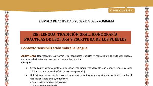 04-Actividad Sugerida LC03-U03-LS03;LS05-Representan las normas de conductas sociales y morales de la vida del pueblo aymara, relacionándolas con sus experiencias de vida. 04-Actividad Sugerida LC03-U03-LS03;LS05-Representan las normas de conductas sociales y morales de la vida del pueblo aymara, relacionándolas con sus experiencias de vida.