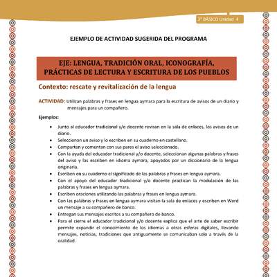 06-Actividad Sugerida LC03-U03 -AYM-LR04-Utilizan palabras y frases en lengua aymara para la escritura de avisos de un diario y mensajes para un compañero. 06-Actividad Sugerida LC03-U03 -AYM-LR04-Utilizan palabras y frases en lengua aymara para la escritura de avisos de un diario y mensajes para un compañero.