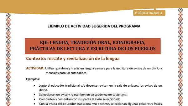 06-Actividad Sugerida LC03-U03 -AYM-LR04-Utilizan palabras y frases en lengua aymara para la escritura de avisos de un diario y mensajes para un compañero. 06-Actividad Sugerida LC03-U03 -AYM-LR04-Utilizan palabras y frases en lengua aymara para la escritura de avisos de un diario y mensajes para un compañero.