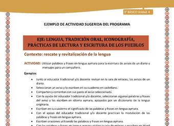 06-Actividad Sugerida LC03-U03 -AYM-LR04-Utilizan palabras y frases en lengua aymara para la escritura de avisos de un diario y mensajes para un compañero. 06-Actividad Sugerida LC03-U03 -AYM-LR04-Utilizan palabras y frases en lengua aymara para la escritura de avisos de un diario y mensajes para un compañero.