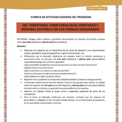 11-Actividad Sugerida LC03-U03 -AYM-OA06-Indagan sobre cultivos y ganadería desarrollada en espacios territoriales aymara, como suni pata (altiplano) y qhirwa pata (precordillera). 11-Actividad Sugerida LC03-U03 -AYM-OA06-Indagan sobre cultivos y ganadería desarrollada en espacios territoriales aymara, como suni pata (altiplano) y qhirwa pata (precordillera).