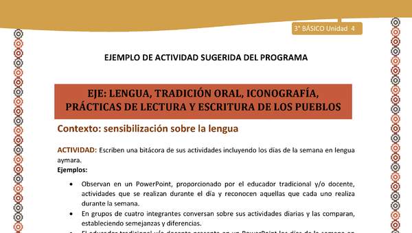 02-Actividad Sugerida LC03-U03 -AYM-LS04- Escriben una bitácora de sus actividades incluyendo los días de la semana en lengua aymara 02-Actividad Sugerida LC03-U03 -AYM-LS04- Escriben una bitácora de sus actividades incluyendo los días de la semana en lengua aymara