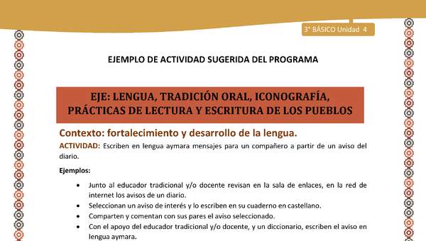 09-Actividad Sugerida LC03-U03 -AYM-LF04-Escriben en lengua aymara mensajes para un compañero a partir de un aviso del diario. 09-Actividad Sugerida LC03-U03 -AYM-LF04-Escriben en lengua aymara mensajes para un compañero a partir de un aviso del diario.