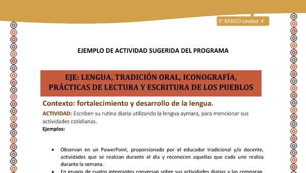08-Actividad Sugerida LC03-U03 -AYM-LF04-Escriben su rutina diaria utilizando la lengua aymara, para mencionar sus actividades cotidianas. 08-Actividad Sugerida LC03-U03 -AYM-LF04-Escriben su rutina diaria utilizando la lengua aymara, para mencionar sus actividades cotidianas.