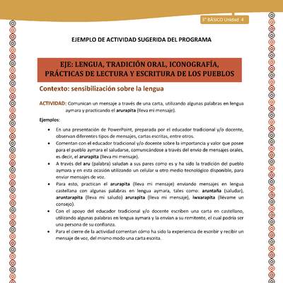 04-Actividad Sugerida LC03-U03-LS04-Comunican un mensaje a través de una carta, utilizando algunas palabras en lengua aymara y practicando el arurapita (lleva mi mensaje). 04-Actividad Sugerida LC03-U03-LS04-Comunican un mensaje a través de una carta, utilizando algunas palabras en lengua aymara y practicando el arurapita (lleva mi mensaje).