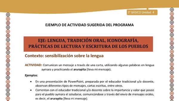 04-Actividad Sugerida LC03-U03-LS04-Comunican un mensaje a través de una carta, utilizando algunas palabras en lengua aymara y practicando el arurapita (lleva mi mensaje). 04-Actividad Sugerida LC03-U03-LS04-Comunican un mensaje a través de una carta, utilizando algunas palabras en lengua aymara y practicando el arurapita (lleva mi mensaje).