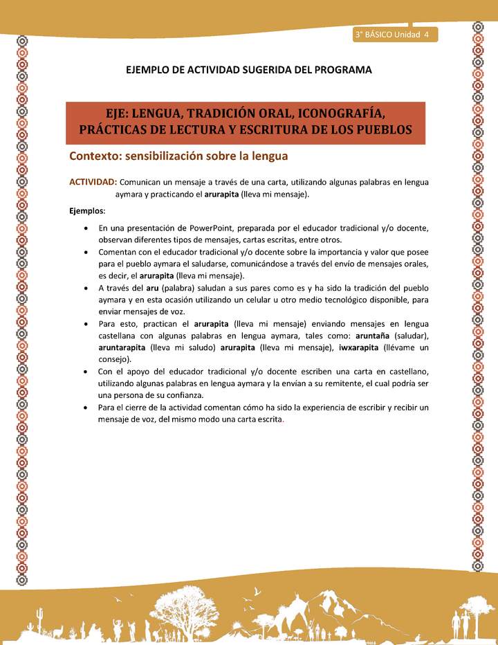 04-Actividad Sugerida LC03-U03-LS04-Comunican un mensaje a través de una carta, utilizando algunas palabras en lengua aymara y practicando el arurapita (lleva mi mensaje). 04-Actividad Sugerida LC03-U03-LS04-Comunican un mensaje a través de una carta, utilizando algunas palabras en lengua aymara y practicando el arurapita (lleva mi mensaje).