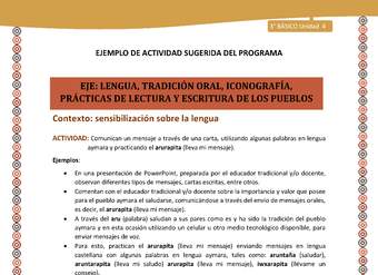 04-Actividad Sugerida LC03-U03-LS04-Comunican un mensaje a través de una carta, utilizando algunas palabras en lengua aymara y practicando el arurapita (lleva mi mensaje). 04-Actividad Sugerida LC03-U03-LS04-Comunican un mensaje a través de una carta, utilizando algunas palabras en lengua aymara y practicando el arurapita (lleva mi mensaje).