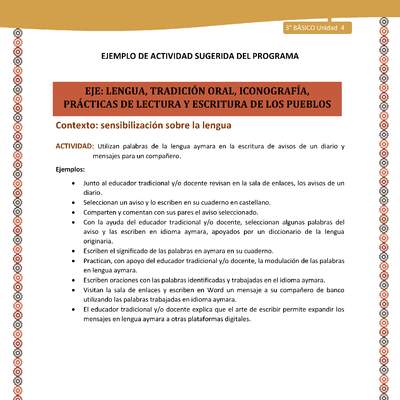 03-Actividad Sugerida LC03-U03 -AYM-LS04-Utilizan palabras de la lengua aymara en la escritura de avisos de un diario y mensajes para un compañero. 03-Actividad Sugerida LC03-U03 -AYM-LS04-Utilizan palabras de la lengua aymara en la escritura de avisos de un diario y mensajes para un compañero.