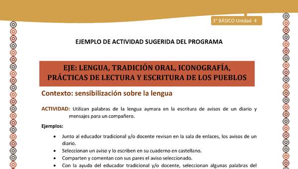 03-Actividad Sugerida LC03-U03 -AYM-LS04-Utilizan palabras de la lengua aymara en la escritura de avisos de un diario y mensajes para un compañero. 03-Actividad Sugerida LC03-U03 -AYM-LS04-Utilizan palabras de la lengua aymara en la escritura de avisos de un diario y mensajes para un compañero.
