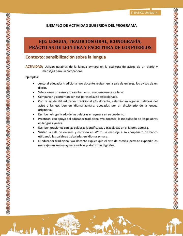03-Actividad Sugerida LC03-U03 -AYM-LS04-Utilizan palabras de la lengua aymara en la escritura de avisos de un diario y mensajes para un compañero. 03-Actividad Sugerida LC03-U03 -AYM-LS04-Utilizan palabras de la lengua aymara en la escritura de avisos de un diario y mensajes para un compañero.