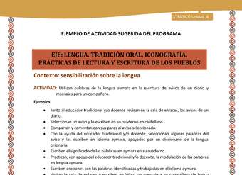 03-Actividad Sugerida LC03-U03 -AYM-LS04-Utilizan palabras de la lengua aymara en la escritura de avisos de un diario y mensajes para un compañero. 03-Actividad Sugerida LC03-U03 -AYM-LS04-Utilizan palabras de la lengua aymara en la escritura de avisos de un diario y mensajes para un compañero.