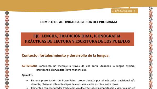 10-Actividad Sugerida LC03-U03 -AYM-LF04-Comunican un mensaje a través de una carta utilizando la lengua aymara, practicando el arurapita (lleva mi mensaje). 10-Actividad Sugerida LC03-U03 -AYM-LF04-Comunican un mensaje a través de una carta utilizando la lengua aymara, practicando el arurapita (lleva mi mensaje).