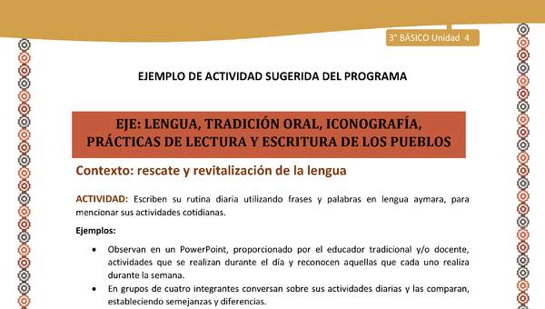 05-Actividad Sugerida LC03-U03 -AYM-LR04-Escriben su rutina diaria utilizando frases y palabras en lengua aymara, para mencionar sus actividades cotidianas. 05-Actividad Sugerida LC03-U03 -AYM-LR04-Escriben su rutina diaria utilizando frases y palabras en lengua aymara, para mencionar sus actividades cotidianas.