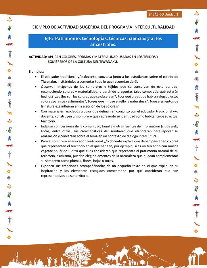 Aplican colores, formas y materialidad usadas en los tejidos y sombreros de la cultura del tiwanaku Aplican colores, formas y materialidad usadas en los tejidos y sombreros de la cultura del tiwanaku