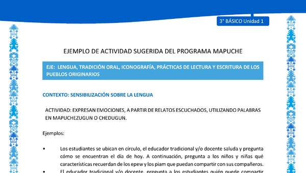 Expresan emociones, a partir de relatos escuchados, utilizando palabras en mapuchezugun o chedugun Expresan emociones, a partir de relatos escuchados, utilizando palabras en mapuchezugun o chedugun