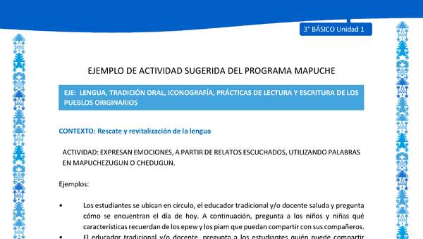 Expresan emociones, a partir de relatos escuchados, utilizando palabras en mapuchezugun o chedugun Expresan emociones, a partir de relatos escuchados, utilizando palabras en mapuchezugun o chedugun