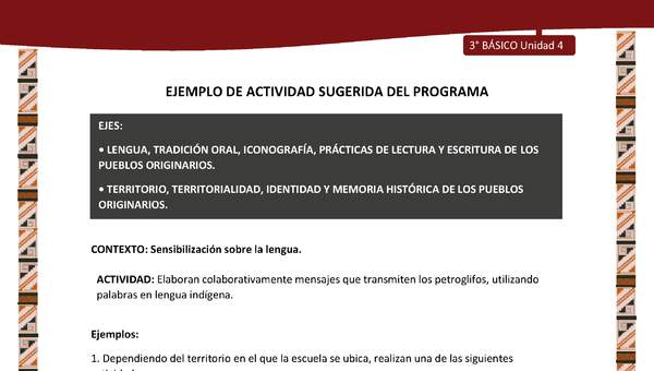 01-Actividad Sugerida LC03 DIA-U04-LS04-OA06-Elaboran colaborativamente mensajes que transmiten los petroglifos, utilizando palabras en lengua indígena. 01-Actividad Sugerida LC03 DIA-U04-LS04-OA06-Elaboran colaborativamente mensajes que transmiten los petroglifos, utilizando palabras en lengua indígena.