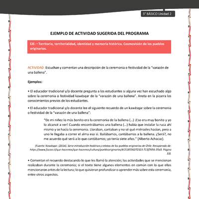 05-Actividad sugerida: LC03-KAW-U02-OA06-Escuchan y comentan una descripción de la ceremonia o festividad de la “varazón de una ballena”. 05-Actividad sugerida: LC03-KAW-U02-OA06-Escuchan y comentan una descripción de la ceremonia o festividad de la “varazón de una ballena”.