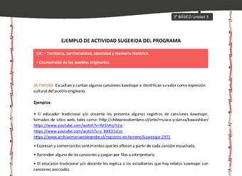05-Actividad sugerida: LC03-KAW-U01-03-OA08;OA10-Escuchan y cantan algunas canciones kawésqar e identifican su valor como expresión cultural del pueblo originario. 05-Actividad sugerida: LC03-KAW-U01-03-OA08;OA10-Escuchan y cantan algunas canciones kawésqar e identifican su valor como expresión cultural del pueblo originario.