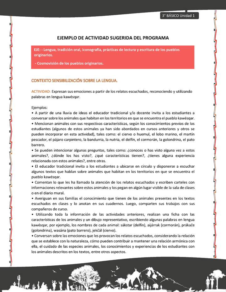 02-Actividad sugerida: LC03-KAW-U01-LS01;OA12-Expresan sus emociones a partir de los relatos escuchados, reconociendo y utilizando palabras en lengua kawésqar. 02-Actividad sugerida: LC03-KAW-U01-LS01;OA12-Expresan sus emociones a partir de los relatos escuchados, reconociendo y utilizando palabras en lengua kawésqar.