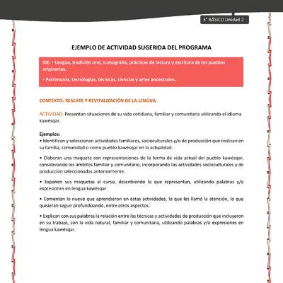 03-Actividad sugerida: LC03-KAW-U02-LR02;OA13-Presentan situaciones de su vida cotidiana, familiar y comunitaria utilizando el idioma kawésqar. 03-Actividad sugerida: LC03-KAW-U02-LR02;OA13-Presentan situaciones de su vida cotidiana, familiar y comunitaria utilizando el idioma kawésqar.