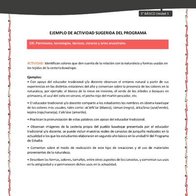 06-Actividad sugerida: LC03-KAW-U01-OA16-Identifican colores que den cuenta de la relación con la naturaleza y formas usadas en los tejidos de la cestería kawésqar 06-Actividad sugerida: LC03-KAW-U01-OA16-Identifican colores que den cuenta de la relación con la naturaleza y formas usadas en los tejidos de la cestería kawésqar