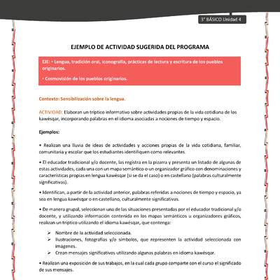 02-Actividad sugerida: LC03-KAW-U04-LS04;OA09-Elaboran un tríptico informativo sobre actividades propias de la vida cotidiana de los kawésqar, incorporando palabras en el idioma asociadas a nociones de tiempo y espacio. 02-Actividad sugerida: LC03-KAW-U04-LS04;OA09-Elaboran un tríptico informativo sobre actividades propias de la vida cotidiana de los kawésqar, incorporando palabras en el idioma asociadas a nociones de tiempo y espacio.