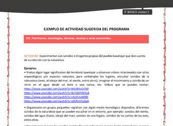 05-Actividad sugerida: LC03-KAW-U01-OA16-Experimentan con sonidos e imágenes propias del pueblo kawésqar que dan cuenta de su relación con la naturaleza. 05-Actividad sugerida: LC03-KAW-U01-OA16-Experimentan con sonidos e imágenes propias del pueblo kawésqar que dan cuenta de su relación con la naturaleza.