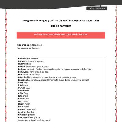 01-Orientaciones al docente - LC03 - Kawésqar - U3 - Repertorio lingüístico (para cuento de Kamatáu) 01-Orientaciones al docente - LC03 - Kawésqar - U3 - Repertorio lingüístico (para cuento de Kamatáu)
