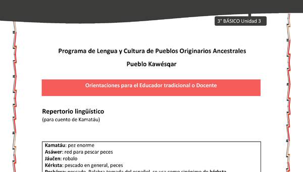 01-Orientaciones al docente - LC03 - Kawésqar - U3 - Repertorio lingüístico (para cuento de Kamatáu) 01-Orientaciones al docente - LC03 - Kawésqar - U3 - Repertorio lingüístico (para cuento de Kamatáu)