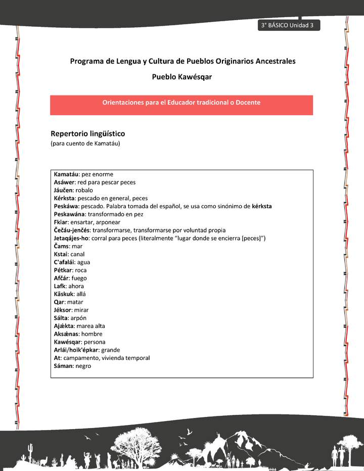 01-Orientaciones al docente - LC03 - Kawésqar - U3 - Repertorio lingüístico (para cuento de Kamatáu) 01-Orientaciones al docente - LC03 - Kawésqar - U3 - Repertorio lingüístico (para cuento de Kamatáu)